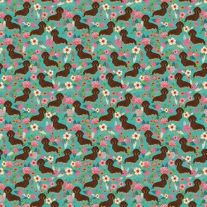 TINY - doxie floral chocolate and tan coat florals dachshunds fabric turquoise