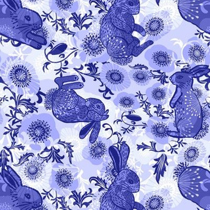 Rabbit floral, blue and white floral rabbits