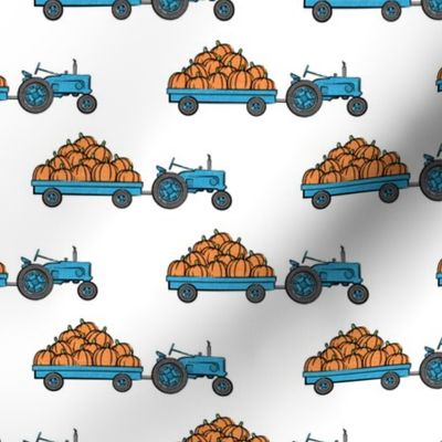 Pumpkin Patch - blue tractor  pulling pumpkins - LAD19