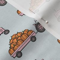 Pumpkin Patch - pink tractor (on blue) pulling pumpkins - LAD19