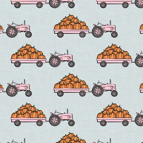 Pumpkin Patch - pink tractor (on blue) pulling pumpkins - LAD19