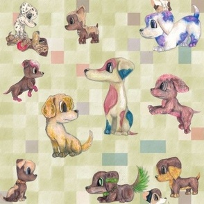 9x9-Inch Half-Drop Repeat of Playful Pups on Plaid Checks with Soft-Sage Background