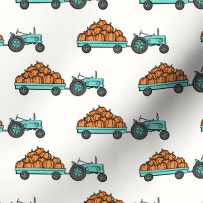 Pumpkin Patch -  bright teal tractor pulling pumpkins - LAD19