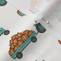 Pumpkin Patch -  bright teal tractor pulling pumpkins - LAD19