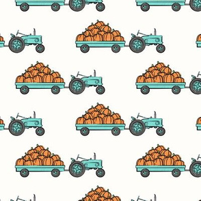 Pumpkin Patch -  bright teal tractor pulling pumpkins - LAD19