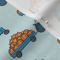 Pumpkin Patch -  blue tractor (on blue) pulling pumpkins - LAD19