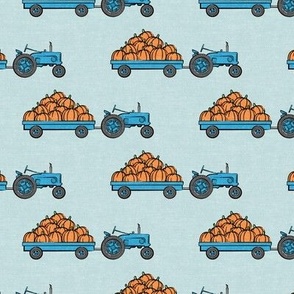 Pumpkin Patch -  blue tractor (on blue) pulling pumpkins - LAD19