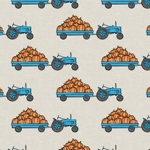 Pumpkin Patch -  blue tractor (on tan) pulling pumpkins - LAD19