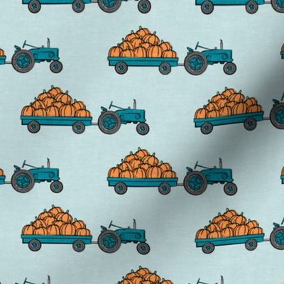 Pumpkin Patch -   teal tractor (on blue) pulling pumpkins - LAD19