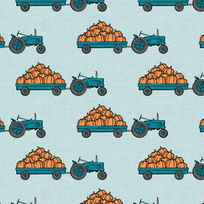 Pumpkin Patch -   teal tractor (on blue) pulling pumpkins - LAD19