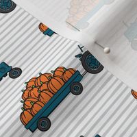 Pumpkin Patch - teal tractor (on stripes) pulling pumpkins - LAD19