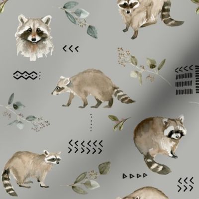 Watercolor Raccoons and Mudcloth // Gray N...