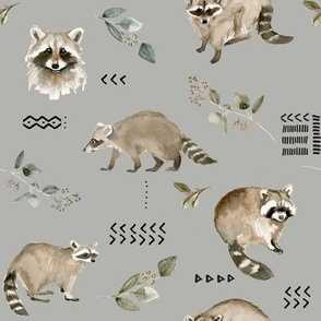 Watercolor Raccoons and Mudcloth // Gray N...