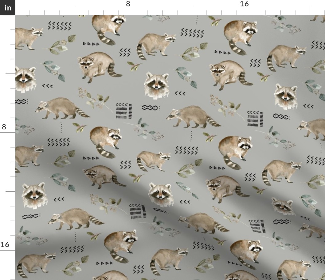 Watercolor Raccoons and Mudcloth // Gray N...