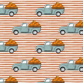 fall vintage truck -  pumpkins - dusty blue on orange stripes - LAD19