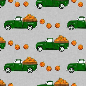 fall vintage truck - falling pumpkins - green on grey - LAD19
