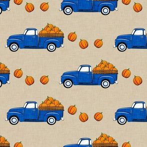 fall vintage truck - falling  pumpkins - blue on tan - LAD19