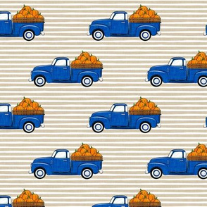 fall vintage truck - pumpkins - blue on tan stripes - LAD19