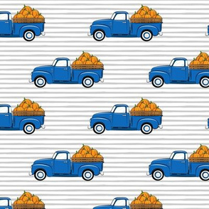 fall vintage truck - pumpkins - blue on grey stripes - LAD19