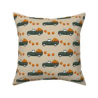 fall vintage truck - falling pumpkins - sage on tan  - LAD19