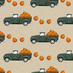 fall vintage truck - falling pumpkins - sage on tan  - LAD19