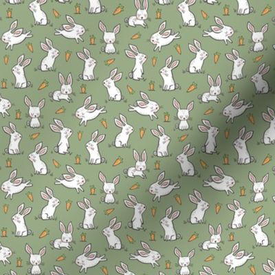 Bunnies Rabbits & Carrots On Olive Green Smaller Tiny 1 inch