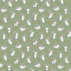 Bunnies Rabbits & Carrots On Olive Green Smaller Tiny 1 inch