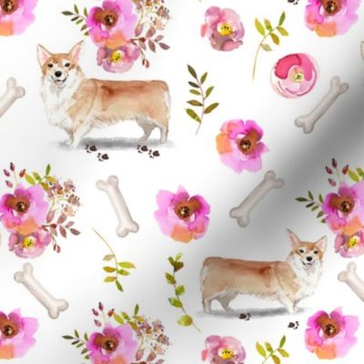 7" Pembroke Welsh Corgi dog summer flower fabric, corgi fabric, animal fabric 