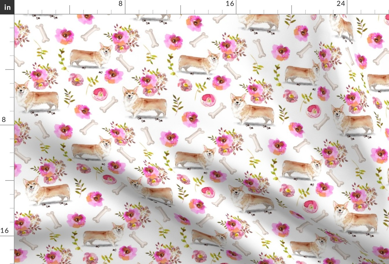 7" Pembroke Welsh Corgi dog summer flower fabric, corgi fabric, animal fabric 