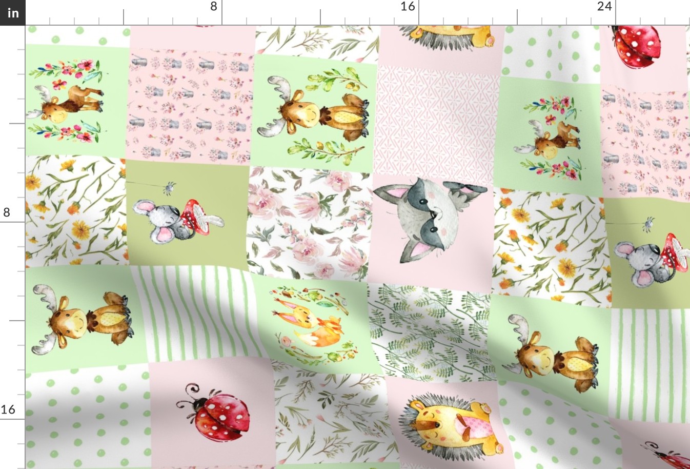 18" Woodland Friends - Little flowers and wild Animals Patchwork - baby girls quilt cheater quilt fabric - forest animals flower fabric, baby fabric, cheater quilt fabric 