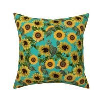 10" Vintage Sunflowers on Teal  sunflower fabric, sunflowers fabric 