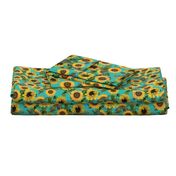 10" Vintage Sunflowers on Teal  sunflower fabric, sunflowers fabric 