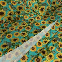 10" Vintage Sunflowers on Teal  sunflower fabric, sunflowers fabric 