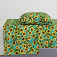 10" Vintage Sunflowers on Teal  sunflower fabric, sunflowers fabric 