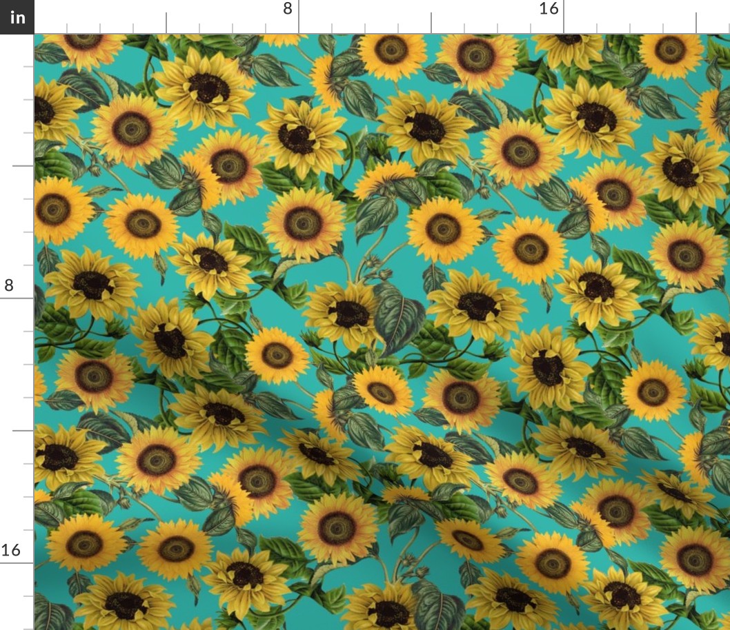 10" Vintage Sunflowers on Teal  sunflower fabric, sunflowers fabric 