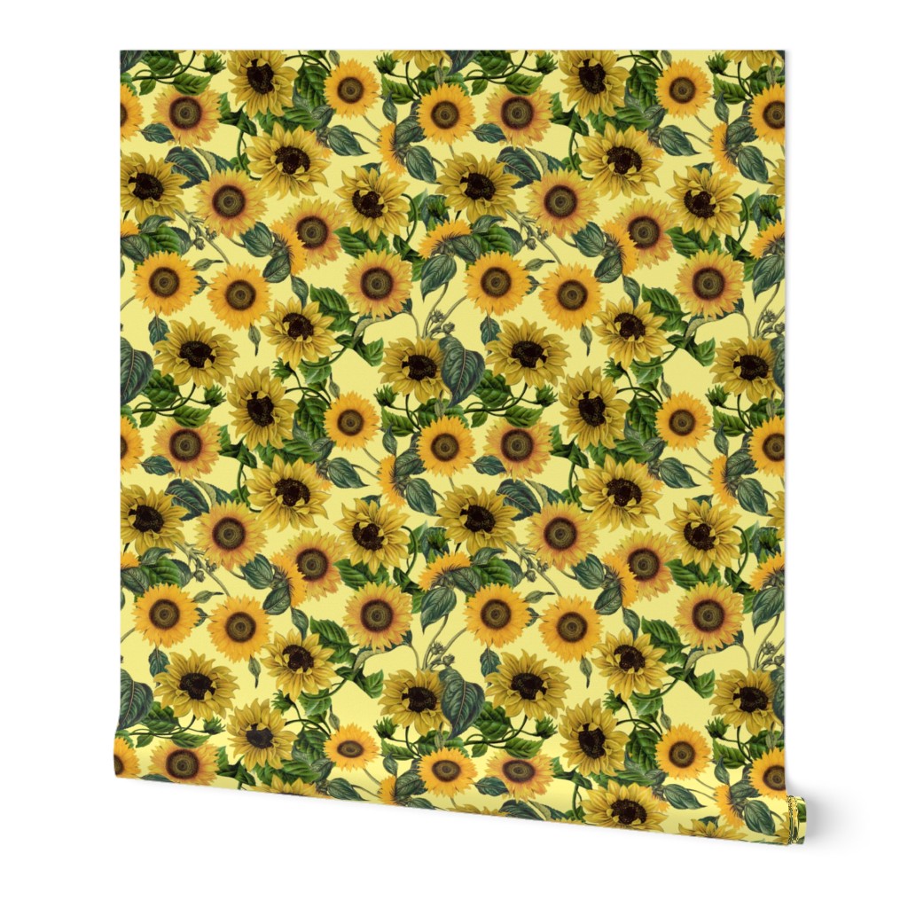 18" Vintage Sunflowers on yellow,sunflower fabric, sunflowers fabric