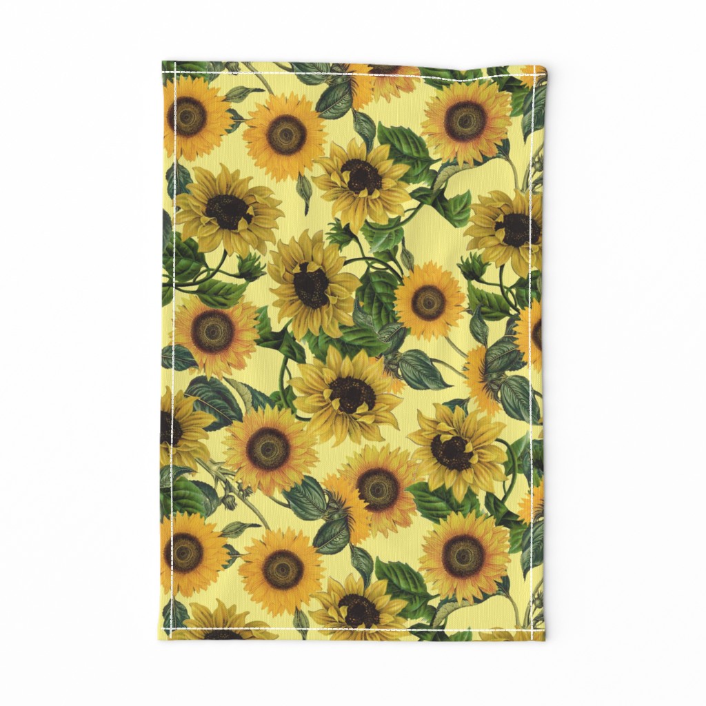 18" Vintage Sunflowers on yellow,sunflower fabric, sunflowers fabric