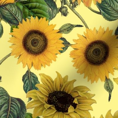 18" Vintage Sunflowers on yellow,sunflower fabric, sunflowers fabric