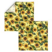 18" Vintage Sunflowers on yellow,sunflower fabric, sunflowers fabric