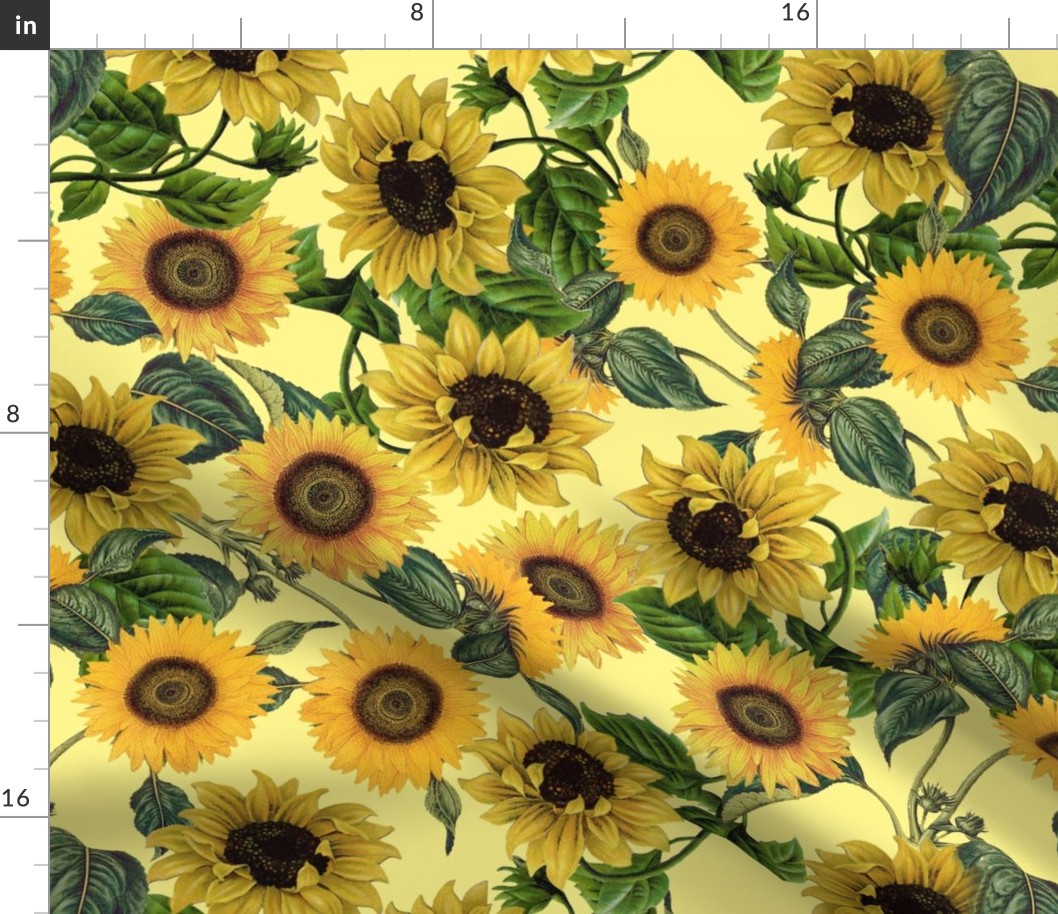 18" Vintage Sunflowers on yellow,sunflower fabric, sunflowers fabric