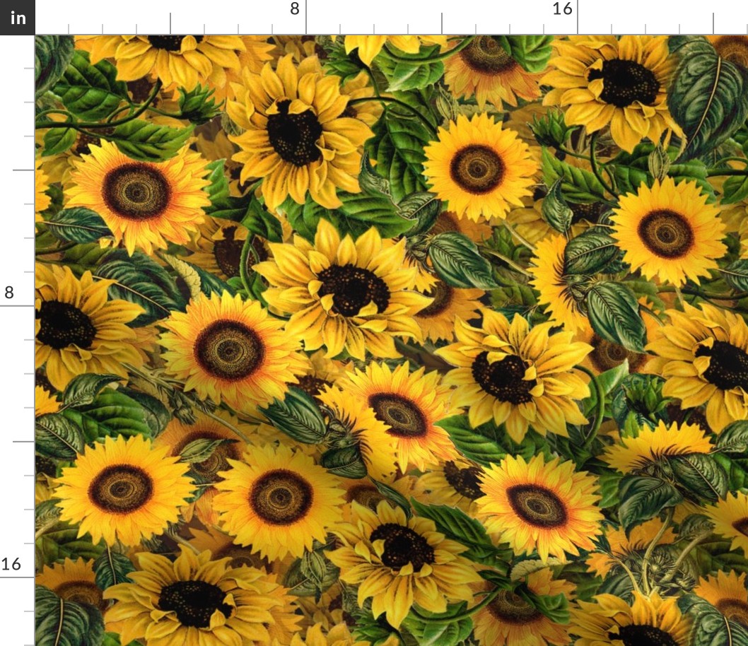 18" Vintage Sunflowers ,sunflowers fabric, nostalgic sunflower fabric