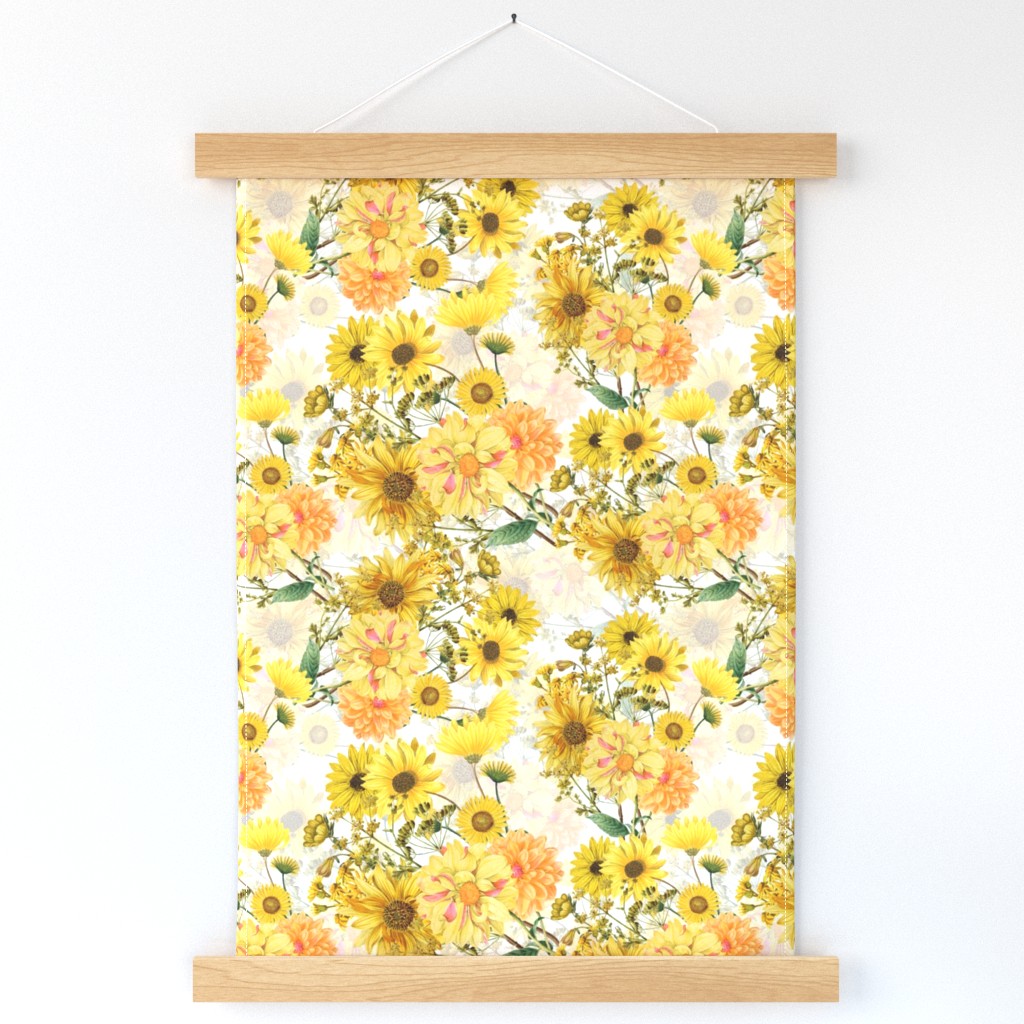 12" Nostalgic Vintage Sunflower wildflowers bouquets on white,Vintage Autumn home decor, antique wallpaper,Sunflowers fabric ,sunflower fabric