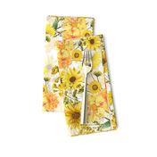 12" Nostalgic Vintage Sunflower wildflowers bouquets on white,Vintage Autumn home decor, antique wallpaper,Sunflowers fabric ,sunflower fabric