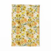 12" Nostalgic Vintage Sunflower wildflowers bouquets on white,Vintage Autumn home decor, antique wallpaper,Sunflowers fabric ,sunflower fabric