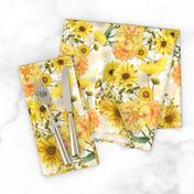 12" Nostalgic Vintage Sunflower wildflowers bouquets on white,Vintage Autumn home decor, antique wallpaper,Sunflowers fabric ,sunflower fabric