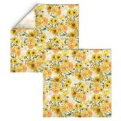 12" Nostalgic Vintage Sunflower wildflowers bouquets on white,Vintage Autumn home decor, antique wallpaper,Sunflowers fabric ,sunflower fabric