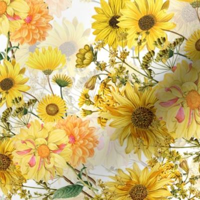 12" Nostalgic Vintage Sunflower wildflowers bouquets on white,Vintage Autumn home decor, antique wallpaper,Sunflowers fabric ,sunflower fabric