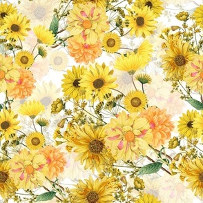 12" Nostalgic Vintage Sunflower wildflowers bouquets on white,Vintage Autumn home decor, antique wallpaper,Sunflowers fabric ,sunflower fabric