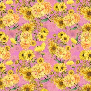 12" Vintage Sunflower bouquets on pink,Sunflowers fabric ,sunflower fabric