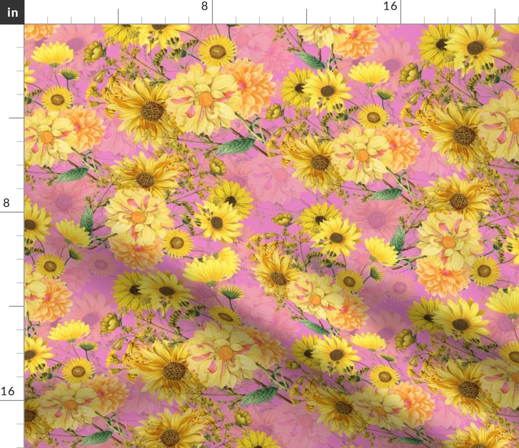 12" Vintage Sunflower bouquets on pink,Sunflowers fabric ,sunflower fabric